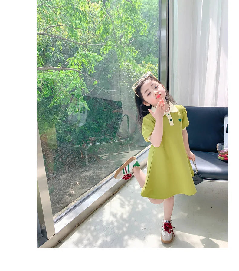 New Casual Teenagers Girls Dress Summer Princess Cartoon Heart Lapel Dresses For 2-12 Years Girl Children Birthday Present