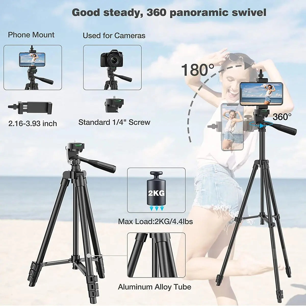 Lightweight Mobile Tripod with Bluetooth Remote and Phone Holder