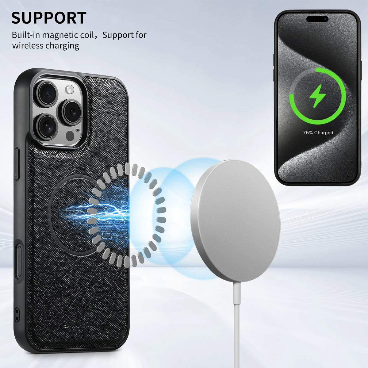 SUTENI Wireless Charging Phone Case Matte Texture Luxury Faux Leather Magnet For iPhone 18 Pro Max 17 Air 16 Plus 15 14 13 12