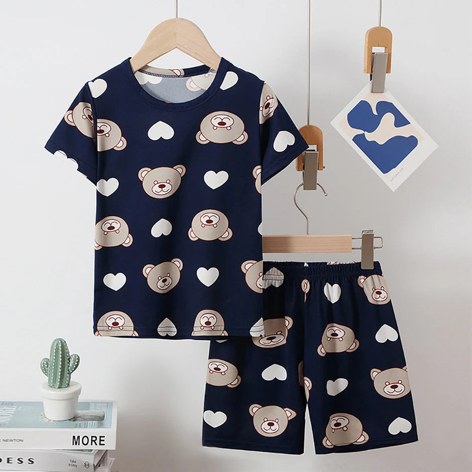 2-Piece Children's Cute Bear Print Fashion Suit Boy's Casual Fashion Round Neck Shirt Girl's Comfortable Wild Shorts Combination