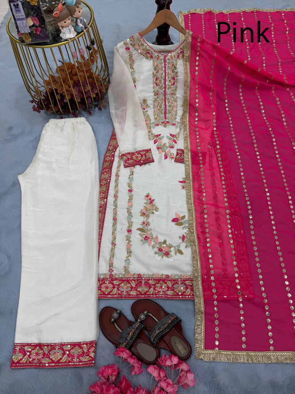 Heavy Embroidery Georgette with Moti Work and Full Sleeve Latkan Lace Border Indian & Pakistani Party Wear with Lace Border