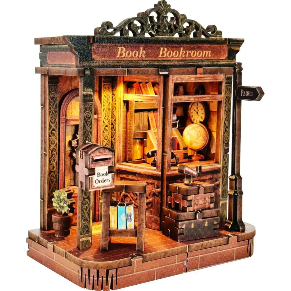 Creative Bookstore Desktop Decoration DIY Wooden Book Home Building Gift Mini Flower Shop Model For Adults With LED Lighting