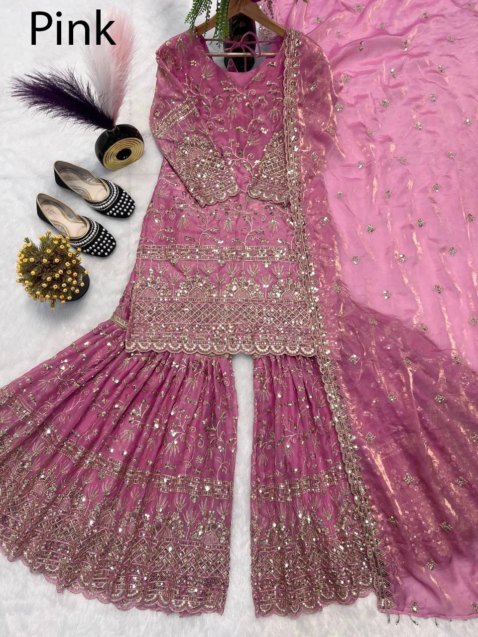 Modern Heavy Faux Georgette Fabric Indian Pakistani Ethnic Party Slim Fit Dress Designer Sharara Suit Palazzo Dupatta Ready Wear