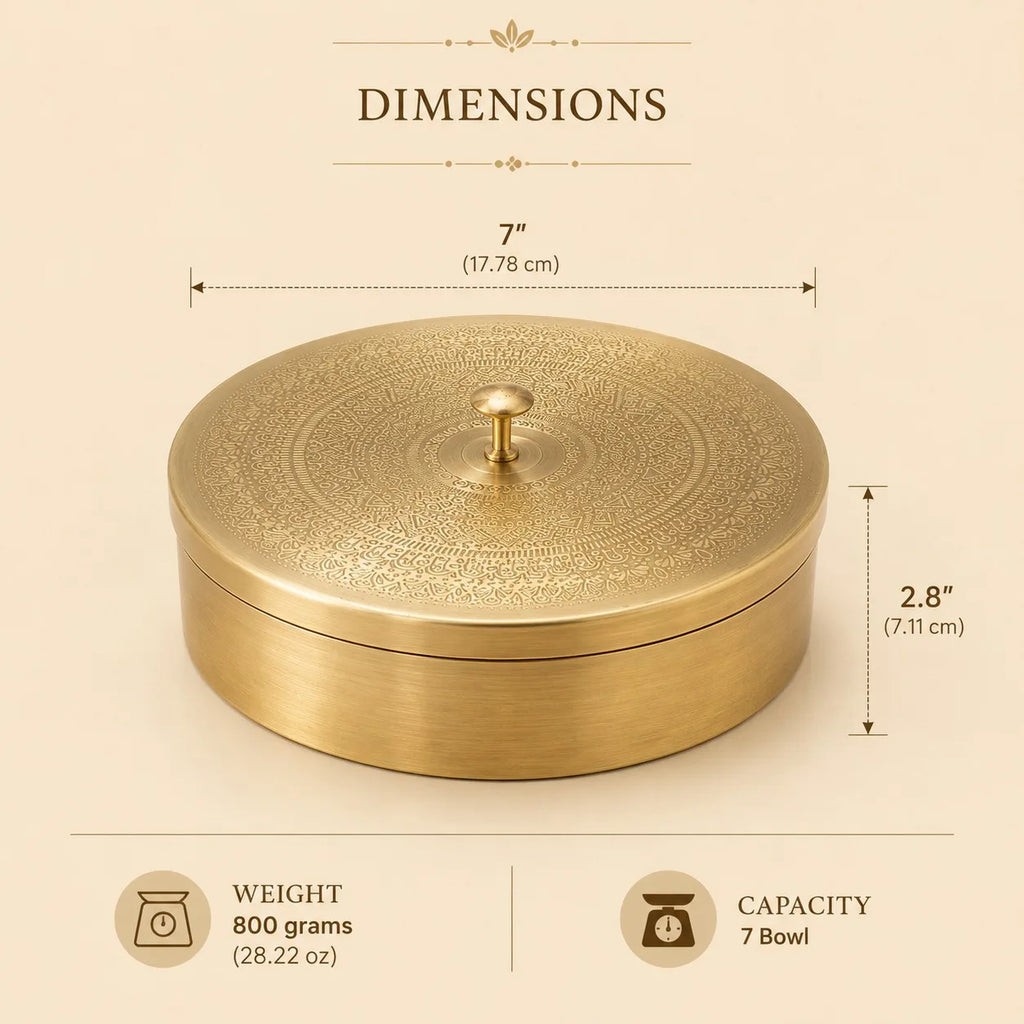SHUBHAM Brass Spice Box Herbal Storage Tray Hammered Mandala Lid 7 Compartment Seasoning Organizer Food Grade Dishwasher Safe