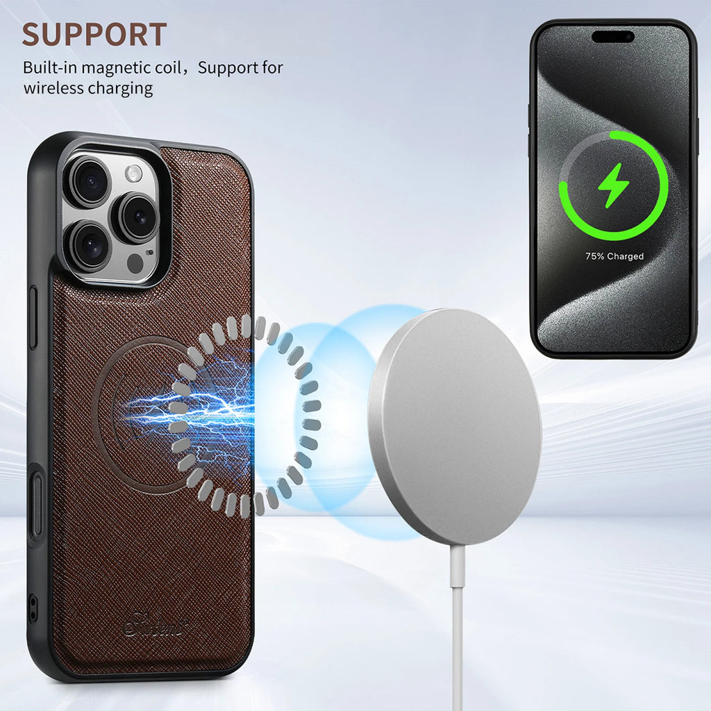 SUTENI Wireless Charging Phone Case Matte Texture Luxury Faux Leather Magnet For iPhone 18 Pro Max 17 Air 16 Plus 15 14 13 12