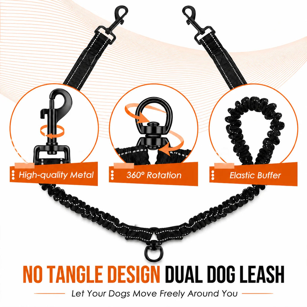 Reflective Shock-Absorbing Double Dog Leash with Tangle-Free 360° Rotation