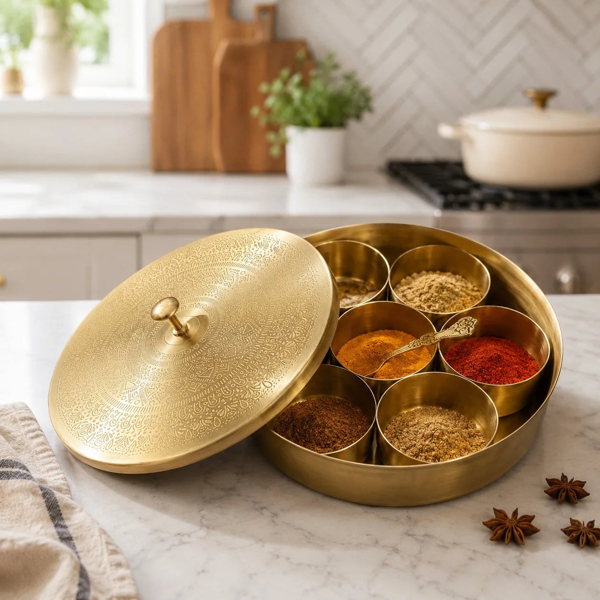SHUBHAM Brass Spice Box Herbal Storage Tray Hammered Mandala Lid 7 Compartment Seasoning Organizer Food Grade Dishwasher Safe