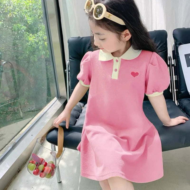 New Casual Teenagers Girls Dress Summer Princess Cartoon Heart Lapel Dresses For 2-12 Years Girl Children Birthday Present