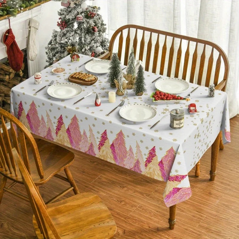 Christmas Pink Trees Golden Snowflakes Tablecloth for Table Decor Winter Xmas Kitchen Dining Table Cloth Christmas Decorations