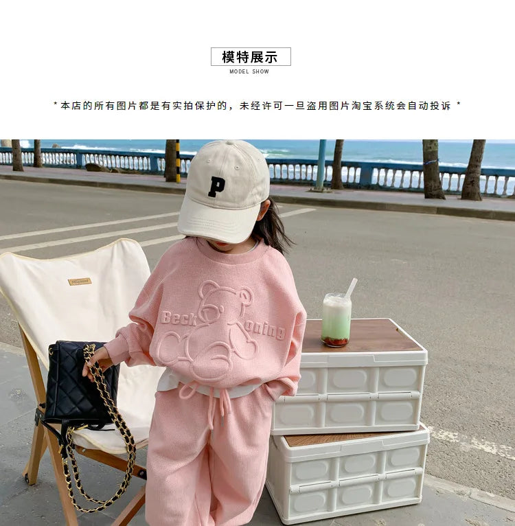 3-8 Years Girls Casual Clothing Set Spring Autumn New Cartoon Bear Print Long Sleeved Sweatershirt+Pants 2Pcs Sports Outfit