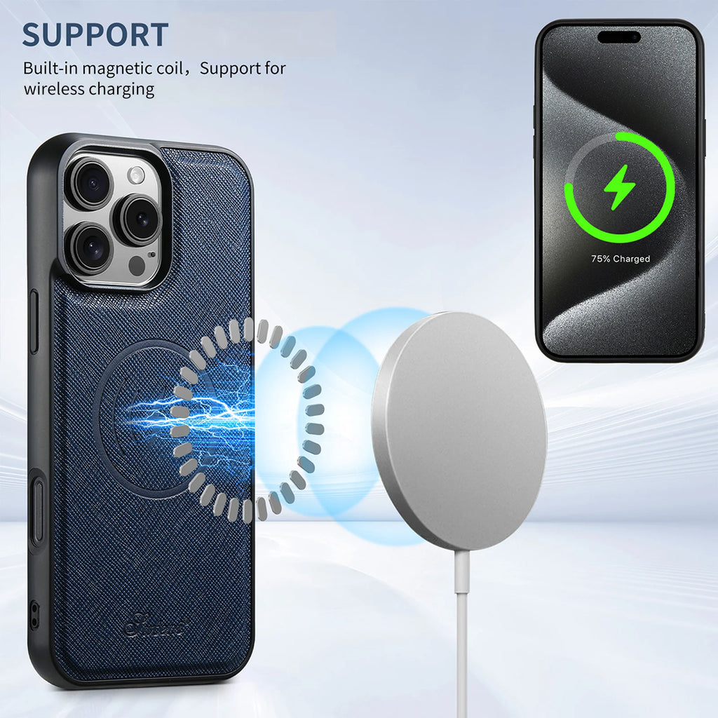 SUTENI Wireless Charging Phone Case Matte Texture Luxury Faux Leather Magnet For iPhone 18 Pro Max 17 Air 16 Plus 15 14 13 12