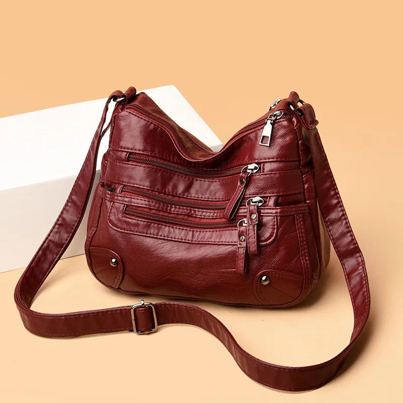Multi-Zipper Vegan Leather Crossbody Bag with Adjustable Shoulder Strap