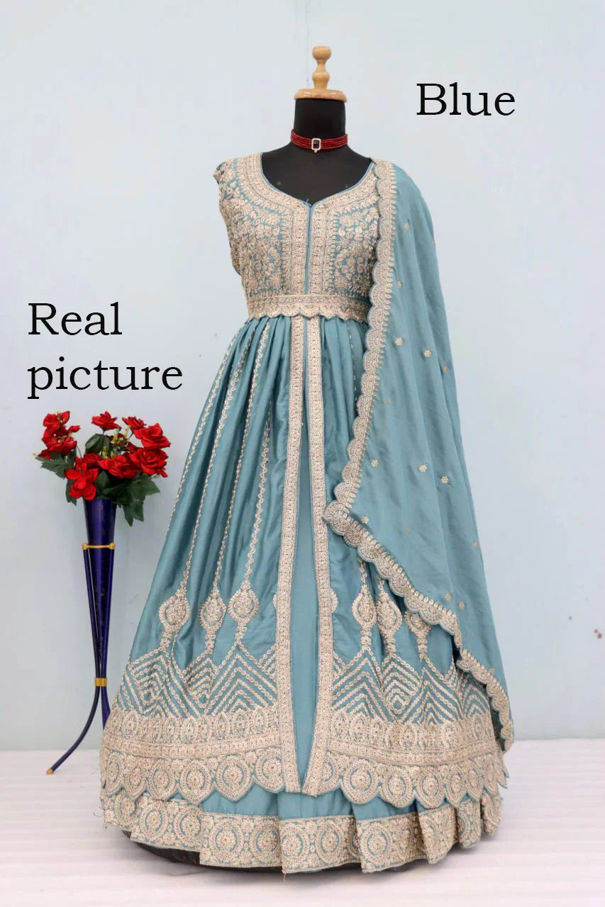 Indian Trendy Fashion for Women Long Banglory Silk With Embroidery Anarkali Kurti Gown With Dupatta Wedding Partywear Suit