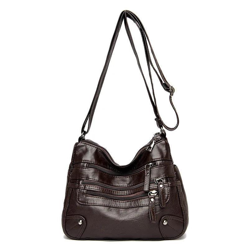 Multi-Zipper Vegan Leather Crossbody Bag with Adjustable Shoulder Strap