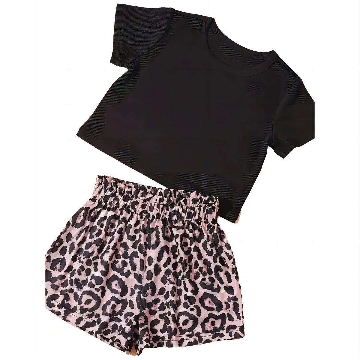 2PCS Girl's Trendy Outfit Ribbed T-shirt and Leopard Pattern Shorts Set Kid's Clothes for Summer Kids Boutique Clothes
