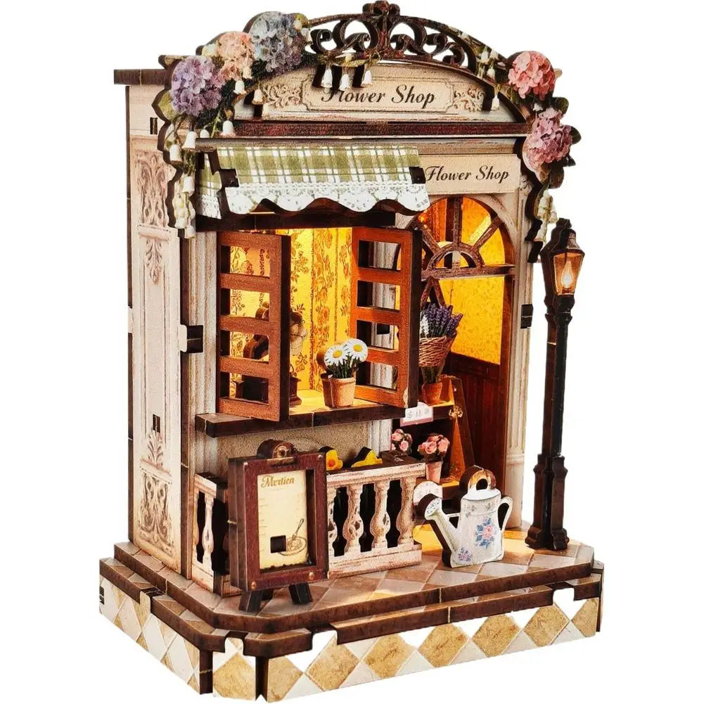 Creative Bookstore Desktop Decoration DIY Wooden Book Home Building Gift Mini Flower Shop Model For Adults With LED Lighting
