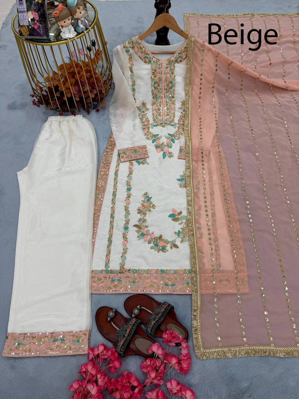 Heavy Embroidery Georgette with Moti Work and Full Sleeve Latkan Lace Border Indian & Pakistani Party Wear with Lace Border