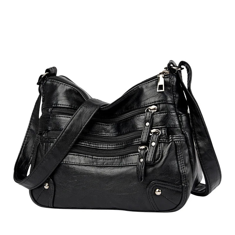 Multi-Zipper Vegan Leather Crossbody Bag with Adjustable Shoulder Strap
