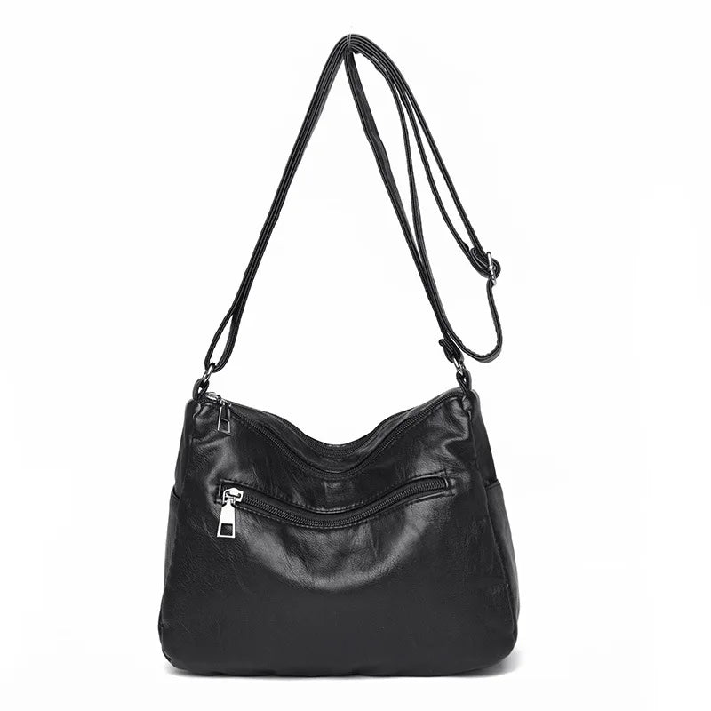 Multi-Zipper Vegan Leather Crossbody Bag with Adjustable Shoulder Strap