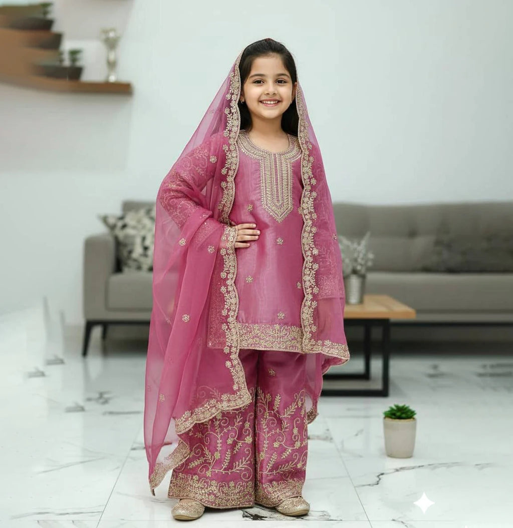 Indian Punjabi Pakistani Style Embroidery Wedding and Festive Party Wear Children Sharara Suit Girls Kids ethnic Shalwar Kameez