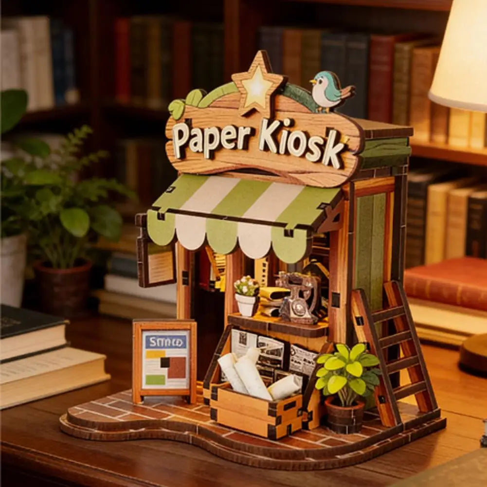 Creative Bookstore Desktop Decoration DIY Wooden Book Home Building Gift Mini Flower Shop Model For Adults With LED Lighting