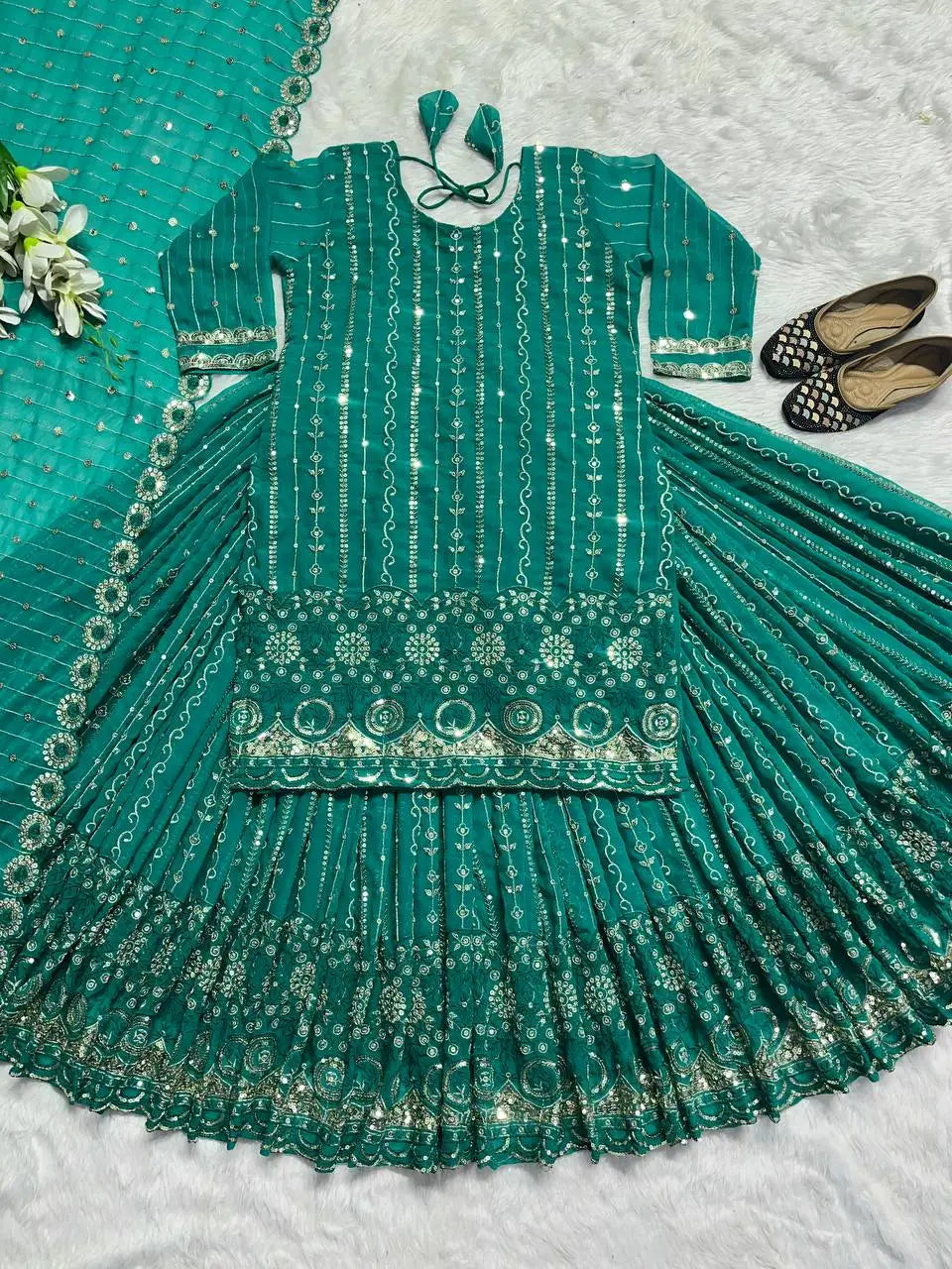 Readymade Traditional Ethnic Indian Pakistani Kurti & Dupatta Set, Silk With Embroidery Work Full Stitching Party Wear Lehenga