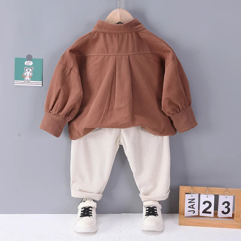 2-Piece Boys' Lapel Shirt and Corduroy Pants Clothing Set
