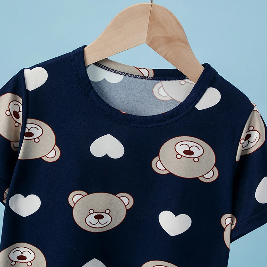 2-Piece Children's Cute Bear Print Fashion Suit Boy's Casual Fashion Round Neck Shirt Girl's Comfortable Wild Shorts Combination