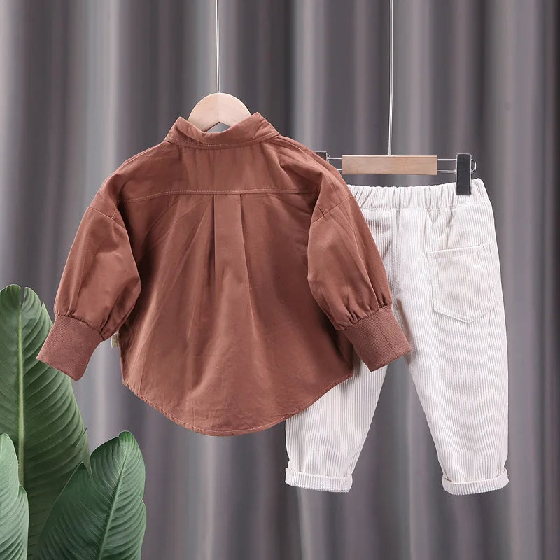 2-Piece Boys' Lapel Shirt and Corduroy Pants Clothing Set
