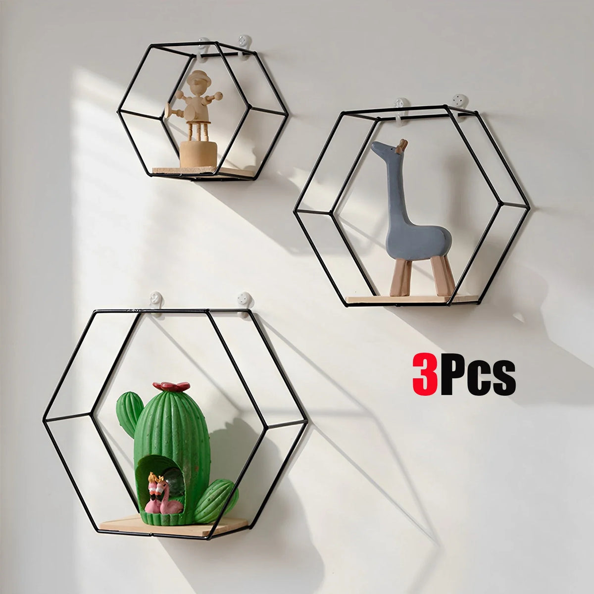 Set of 3 Hexagon Floating Wall Shelves