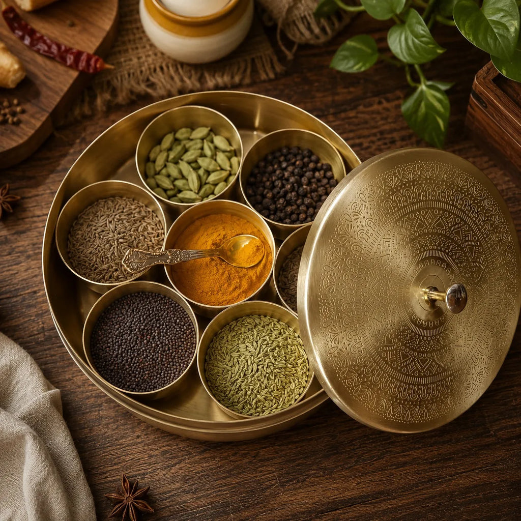 SHUBHAM Brass Spice Box Herbal Storage Tray Hammered Mandala Lid 7 Compartment Seasoning Organizer Food Grade Dishwasher Safe