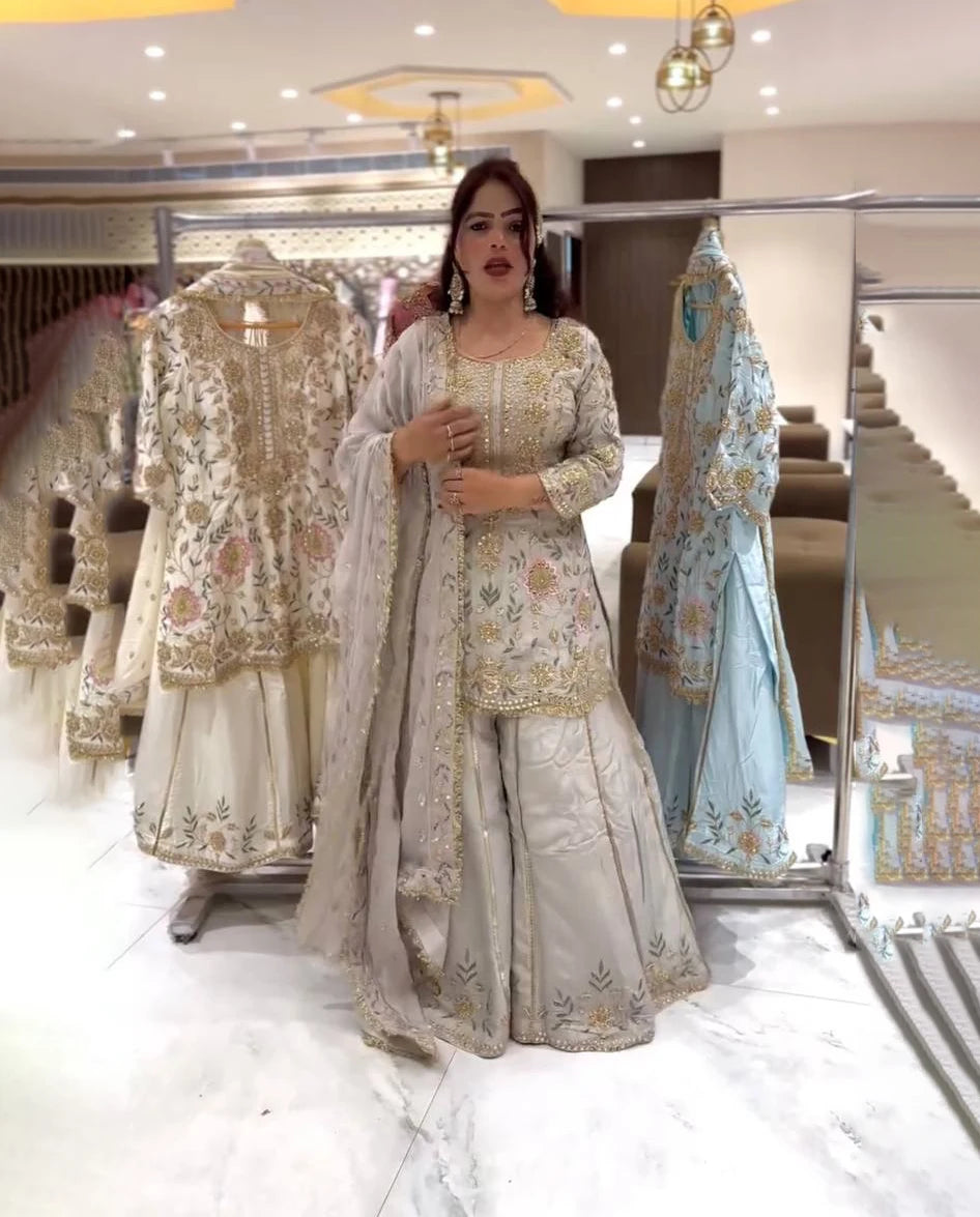 Designer Heavy Pakistani Sharara Suit Set Beautiful Chinon Silk Fabric with Sequence Work New Winter Festival Party Wear Design