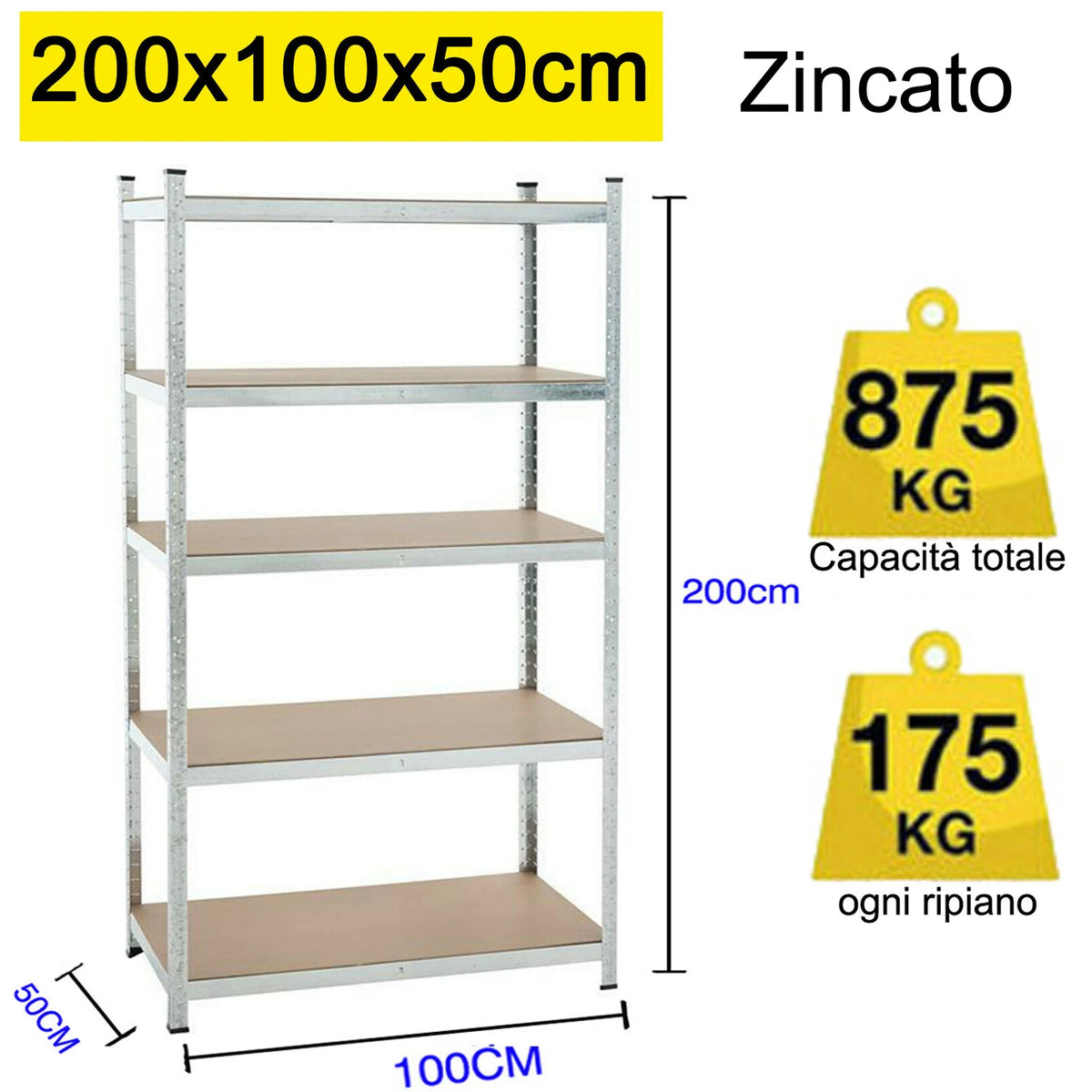 5-Tier Heavy Duty Boltless Garage Shelving Unit, 875kg Capacity, 200x100x50cm