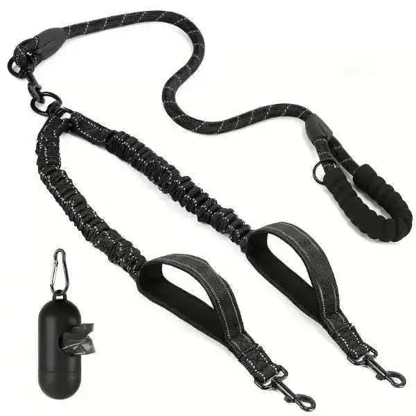Reflective Shock-Absorbing Double Dog Leash with Tangle-Free 360° Rotation
