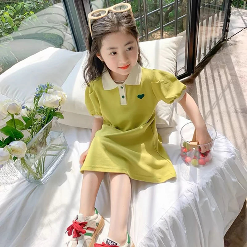 New Casual Teenagers Girls Dress Summer Princess Cartoon Heart Lapel Dresses For 2-12 Years Girl Children Birthday Present